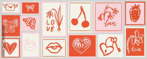 Valentines day post stamps in hand drawn doodle charcoal style. Wedding invitation postal elements for poster, placard or postcard prints. Love vector illustrations for mail, letters and scrapbook.