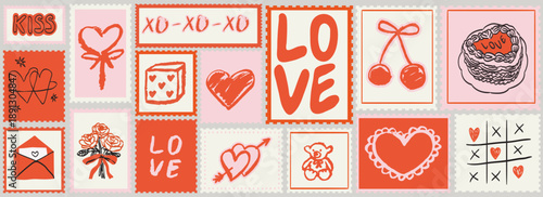 Valentines day post stamps in doodle sketch charcoal style. Wedding invitation postal elements with lettering for postcard prints. Love vector illustrations for mail, letters and scrapbook sticker set