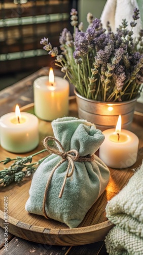 Cozy bathroom serenity with a soothing lavender sachet and soft candles