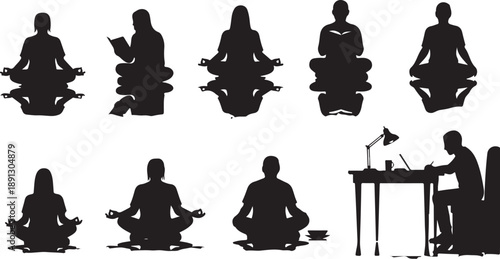 Silhouettes of people meditating in various office settings daily