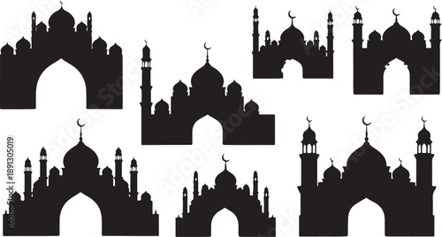 Collection of mosque silhouettes with domes and minarets architecture