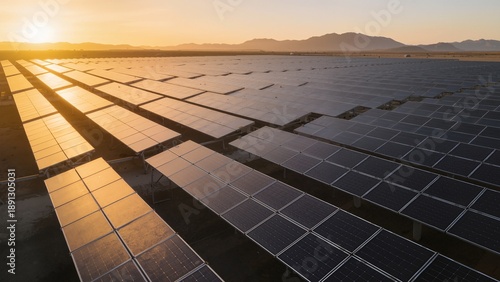 Rows of solar panels in a desert at sunset