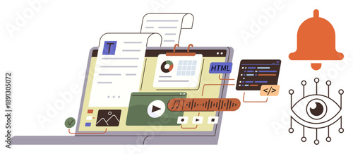 Data management, cybersecurity, digital creativity, online notifications, web design, surveillance. Laptop with multimedia elements, visual analytics and coding snippets. Data management