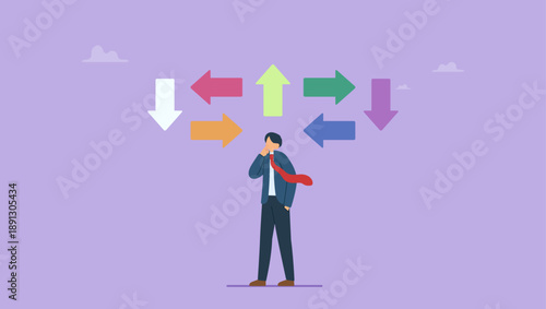 Contemplation businessman making decision where to go next. Decision making, decide the right way or choosing options, best alternative or solution to success, business direction or thinking.