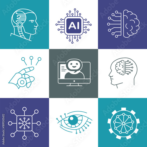 Hand drawn vector icon set of AI technology. Artificial intelligence color line symbols. Brain, chip, robot, machine learning, cloud computing, etc. Clean outline style digital icons collection.