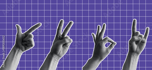 Halftone style collage with various hand gestures and geometric shapes. Trendy abstract design with pointing and ok sign hand.
