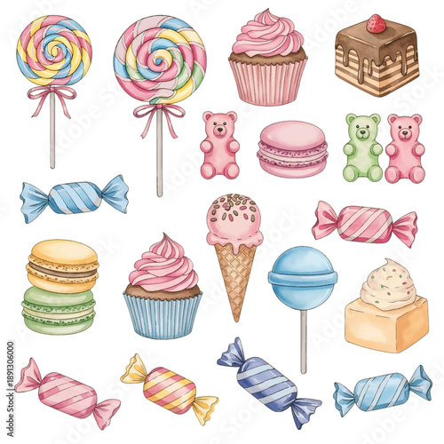 Ice cream and dessert vector set with cakes cupcakes and sweets icons