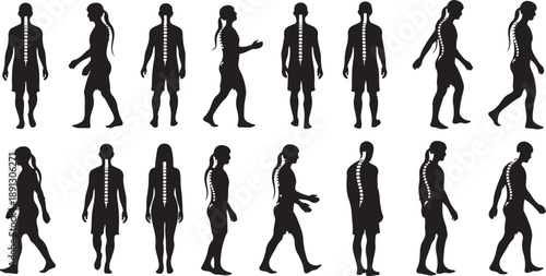 Silhouettes of business people walking in various poses and directions