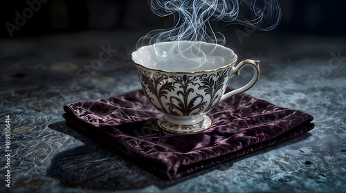 Steaming ornate teacup on velvet cloth