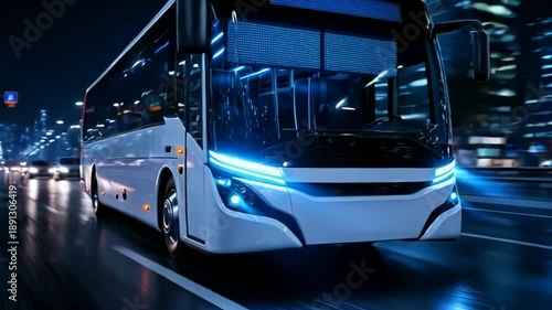 Electric Bus Driving on City Street at Night