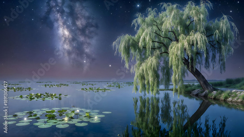 Enchanted night willow tree reflecting the milky way