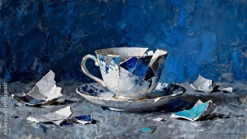 Fragmented elegance blue and white teacup still life