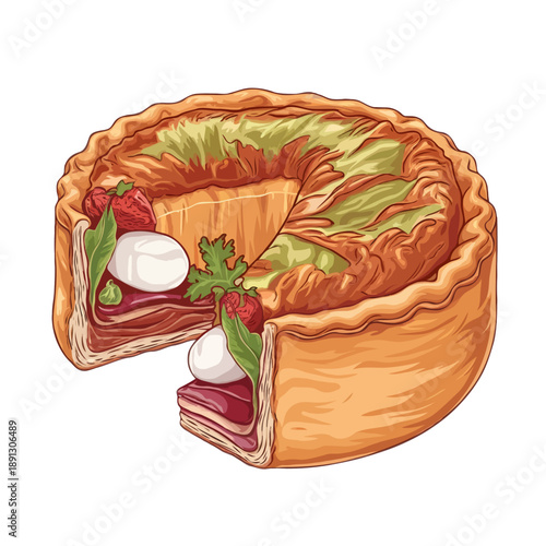 Delicious cabbage pie with fresh ingredients isolated on white background, Vector, illustration
