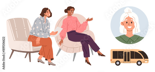 Social interaction, public transport, community engagement, communication, urban life, friendship. Women chatting on chairs, bus icon portrait of a smiling woman. Social interaction and public
