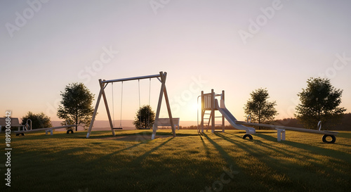 Children's playground with swing set and slide at sunset in a serene outdoor environment viewed from a distance
