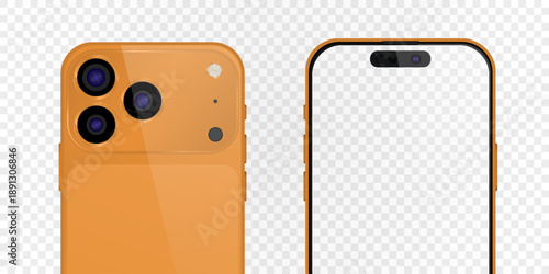 Vector realistic smartphone 17 pro, orange trend color. Realistic gadget set png. Vector electronic device with blank empty screen isolated on transparent background.
