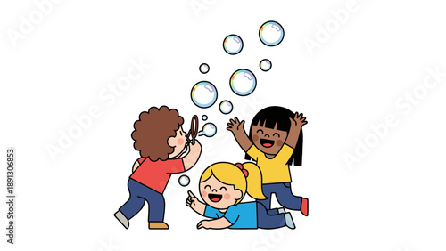 Three children playing with bubbles