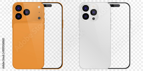 Vector realistic smartphone, 17 pro orange trend, and 15 pro. Realistic gadget set png. Vector electronic device with blank empty screen isolated on transparent background.