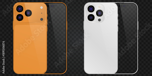 Vector realistic smartphone, 17 pro orange trend, and 15 pro. Realistic gadget set png. Vector electronic device with blank empty screen isolated on transparent background.