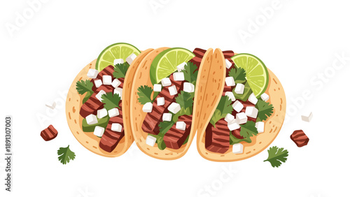 Three tacos filled with meat cheese and cilantro garnished with lime