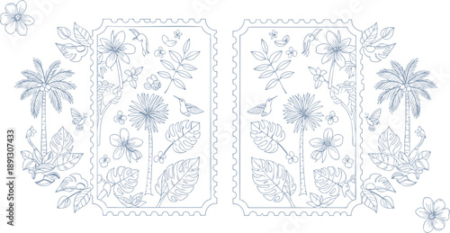 Set of 2 Tropical Floral and Palm Tree Line Art Vector Illustrations