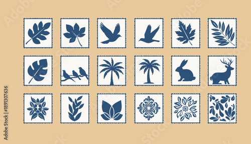Set of 18 Blue and White Botanical and Animal Square Icons
