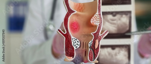 Fotografie Doctor with model of human anatomy of rectum and hemorrhoids in hospital and ult