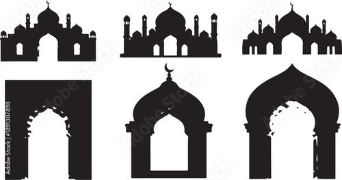 Islamic Architecture Silhouettes Set Black and White Vector Graphics