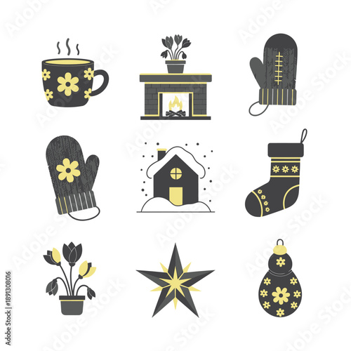 Minimalist duotone illustrations of nine cozy winter symbols floral mug, snowy house, star using a sophisticated Charcoal Gray and Pale Yellow color palette