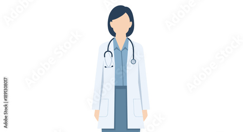 Illustration of a female doctor in a white coat with a stethoscope, standing confidently as a medical professional.