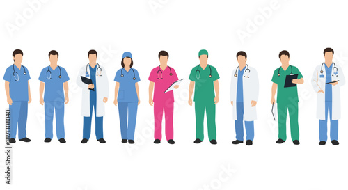 Diverse group of healthcare professionals in scrubs standing together in a line.