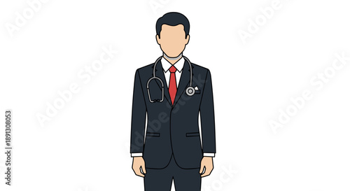 Illustrated business professional in formal suit standing confidently.