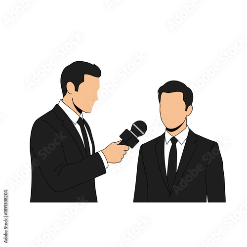 Two suited professionals being interviewed by a reporter in a formal business setting.