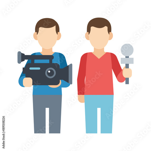 Two media professionals filming with camera and microphone on location.