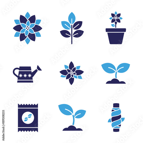 Nine stylized Poinsettia botanical icons are presented as modern duotone graphic graphics featuring potted plants and festive gardening items in a minimalist Navy Blue and Cyan flat style