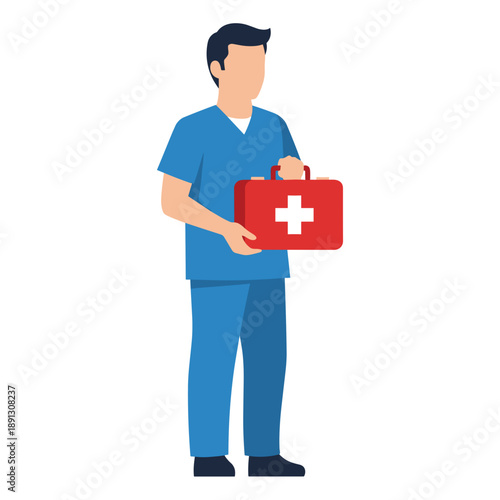 Healthcare Professional in Blue Uniform Holding a Red First Aid Kit.