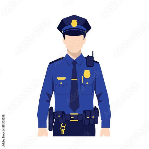 Illustration of a blue uniformed police officer with hat and badge, ready for duty and public safety.