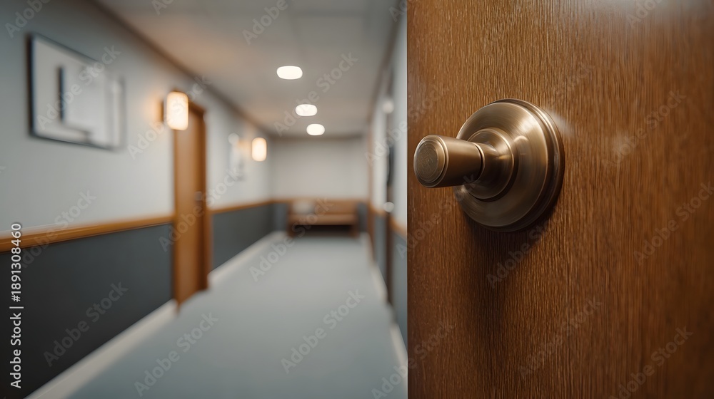 Obraz premium A close up view of an open wooden door with a brass doorknob revealing a clean empty hallway with recessed lighting and muted colors