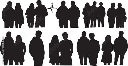 Silhouettes of people standing in various group formations together