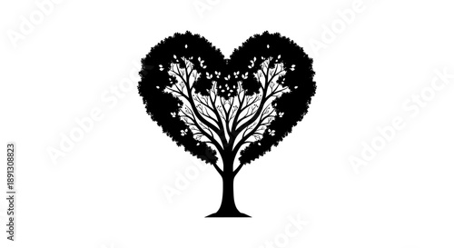 Black Silhouette of a Tree with Branches Forming a Heart Shape—Symbolizing Love, Growth, Nature, and Emotional Connection in Eco-Romantic Design
