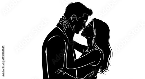 Elegant Black Silhouette of a Couple in an Intimate Embrace and Kiss, Conveying Deep Romance, Passion, and Emotional Connection in Minimalist Art

