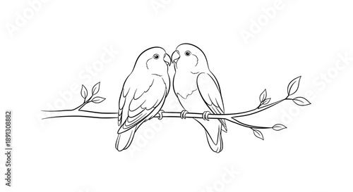 A romantic illustration of two birds kissing on a branch