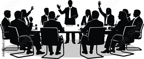 Business meeting with people sitting around a table and raising hands business meeting, conference, discussion, people, office, table, chairs, silhouettes, black and white, teamwork, communication, le
