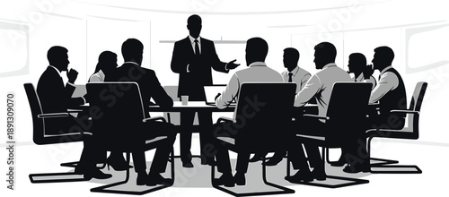 Business meeting with people sitting around a table and one standing business meeting, conference, presentation, people, office, table, chairs, suits, silhouettes, black and white, meeting room, discu