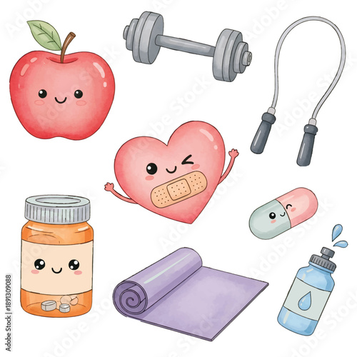 Cute cartoon fitness icons set featuring healthy food like apples and fruits with happy faces and a playful cat design