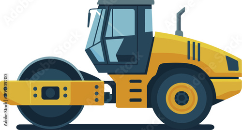 Yellow Construction Vehicle with Large Wheels and Blue Cab - Vector Art