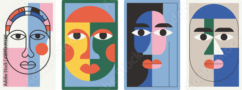 Abstract colorful face illustration set with modern geometric portraits, bold pop art style, creative contemporary character design collection