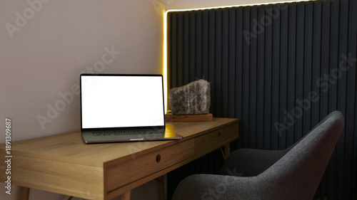 Wallpaper Mural Modern home office setup with a sleek laptop on a wooden desk and a comfortable chair Torontodigital.ca