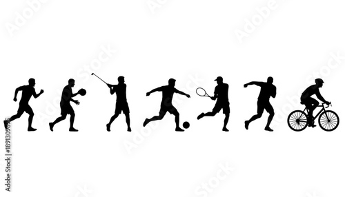 A group of athletes engaging in various sports in silhouette