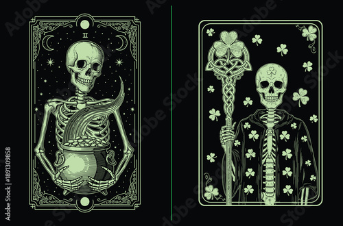 Tarot card style St. Patrick's Day skeleton with green beer mug vector illustration set